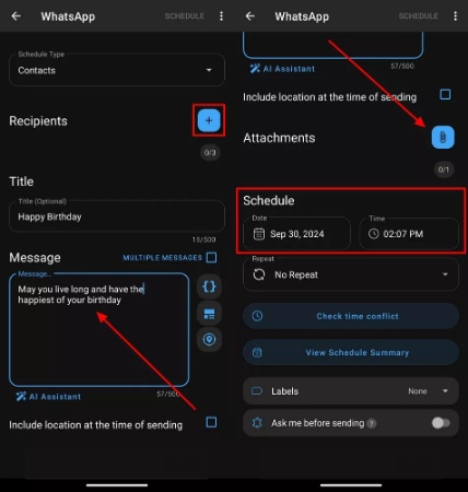 schedule message with necessary details