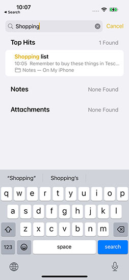 search notes whthin app iphone