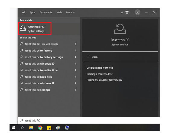 search reset this pc