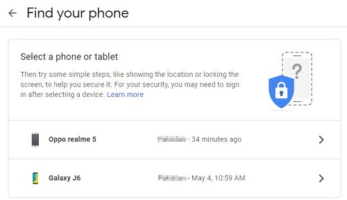 select a phone or tablet on Find My Device