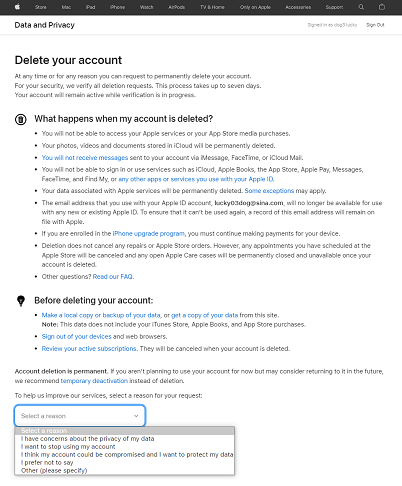 choose a reason to delete Apple ID