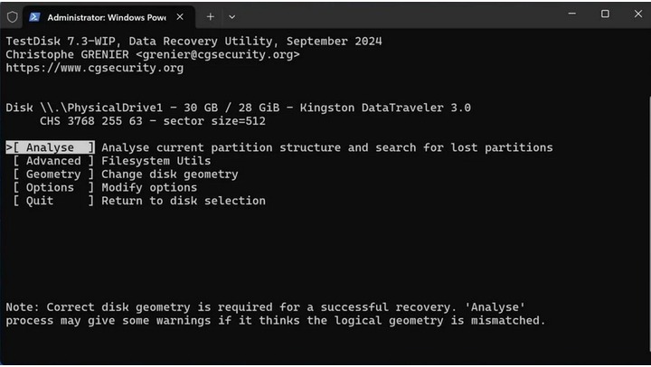 select Analyse option in TestDisk