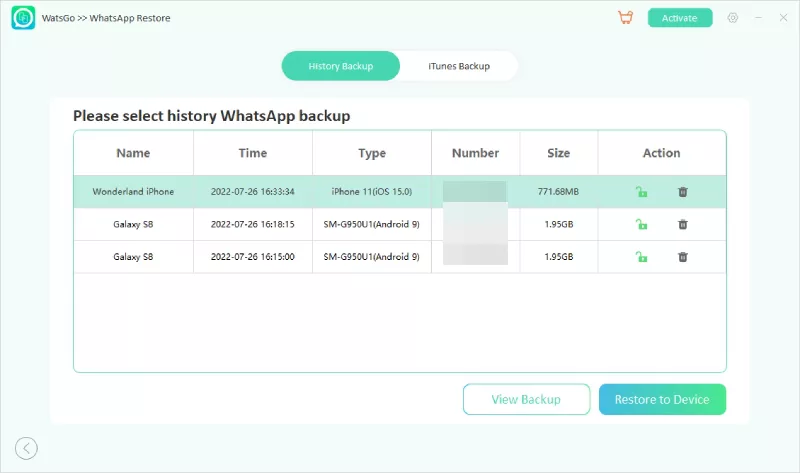 watsgo - select history backup