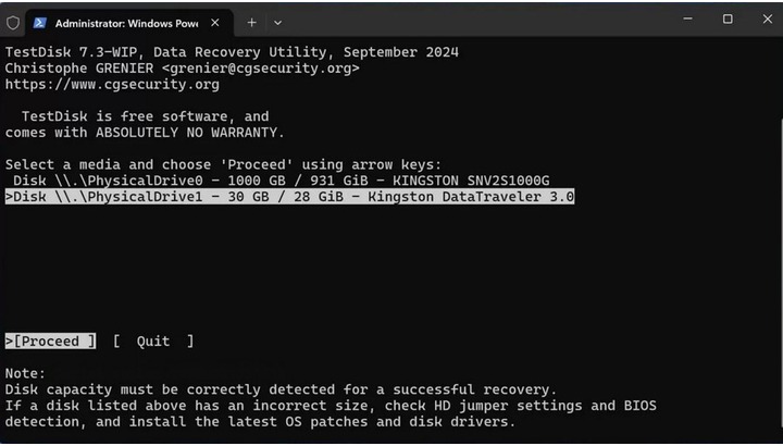 select lost partition disk in TestDisk