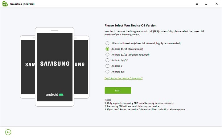 select the Android version of your Samsung device