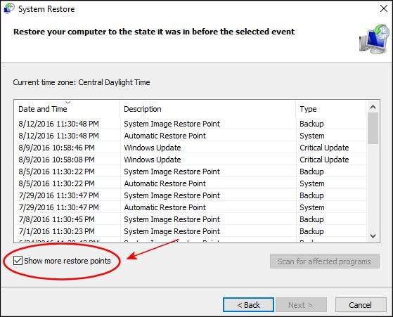 show more restore points