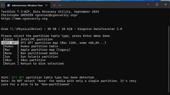 choose partition table type in TestDisk