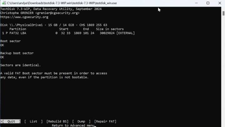 proceed with selected RAW drive in TestDisk