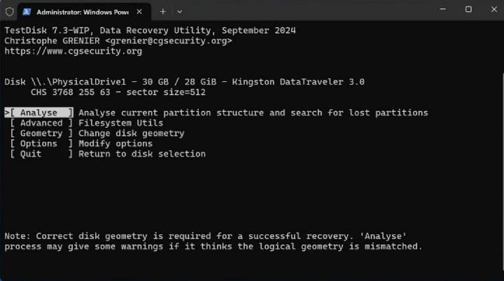 select Analyse option in TestDisk