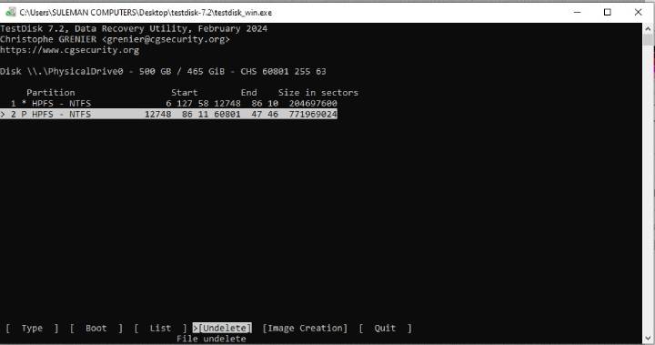 select partition in TestDisk