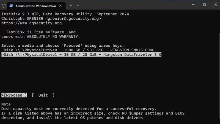 select storage device in TestDisk