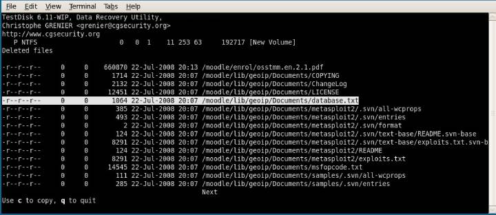 show files in TestDisk