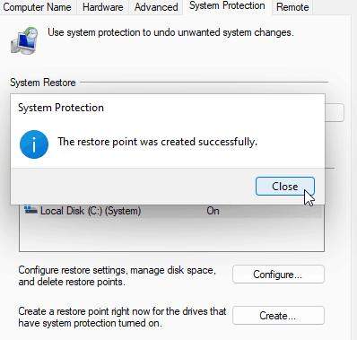 click create a restore point successfully