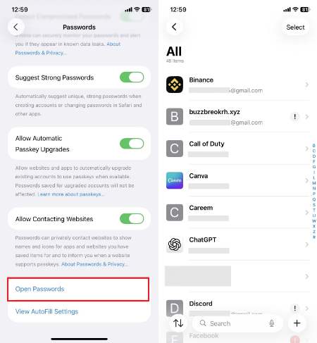 access app to view saved password