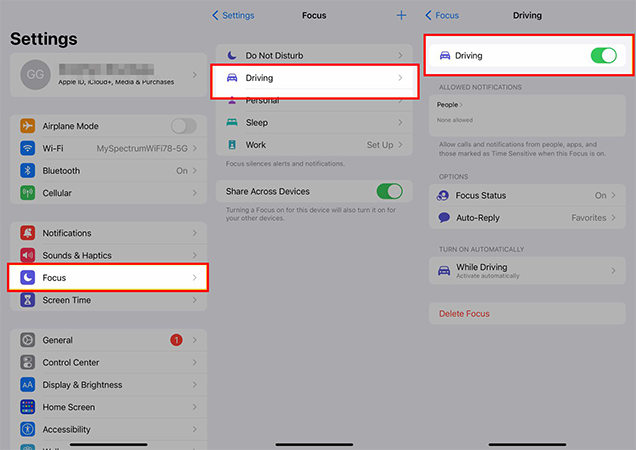 turn off driving mode on iphone via focus settings