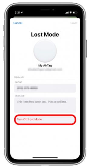 turn off lost mode on airtag
