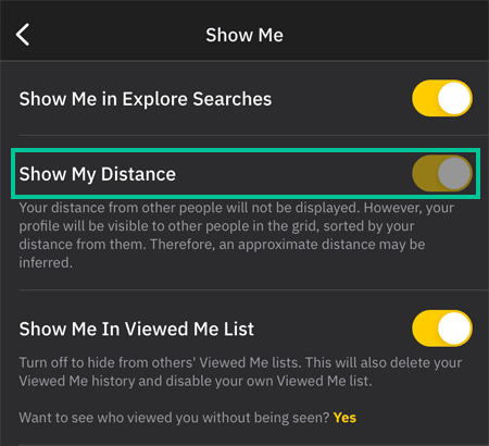 disable show my distance