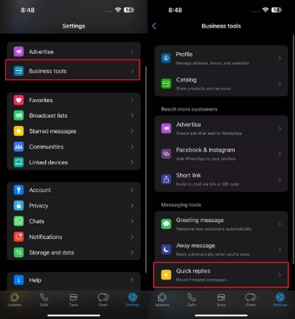access quick replies from business tools