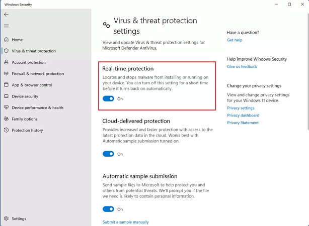 turn off real-time protection on Windows 11