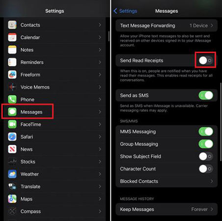 turn off read receipts on iphone for all contacts