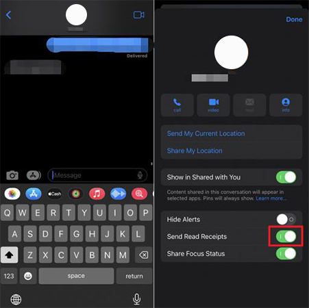 turn off read receipts on iphone for specific contacts