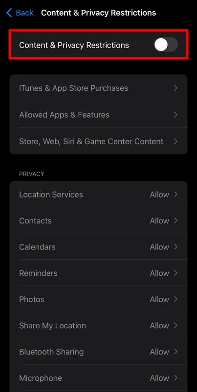 turn off content and privacy restrictions