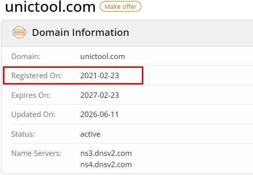 UnicTool domain WHOIS registration date