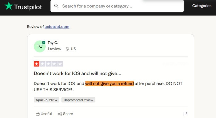 UnicTool LockEraser refund complaint on Trustpilot