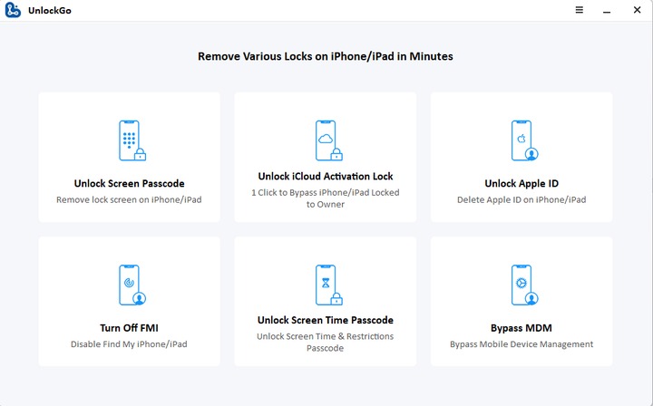 iToolab UnlockGo main interface with Unlock iCloud Activation Lock