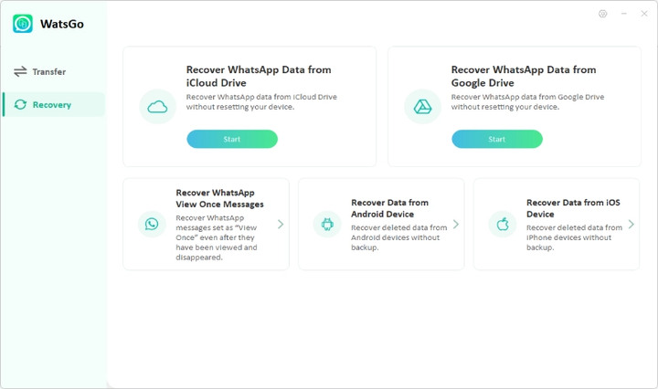 WatsGo options for recovering WhatsApp backup data