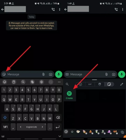 locate create option in chat