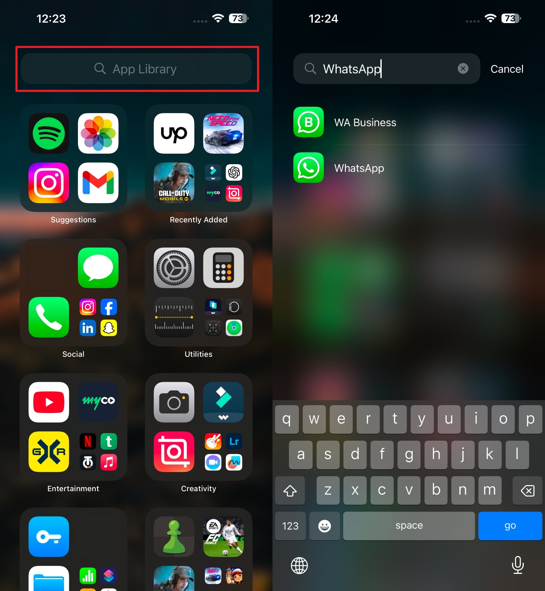 search whatsapp on app library