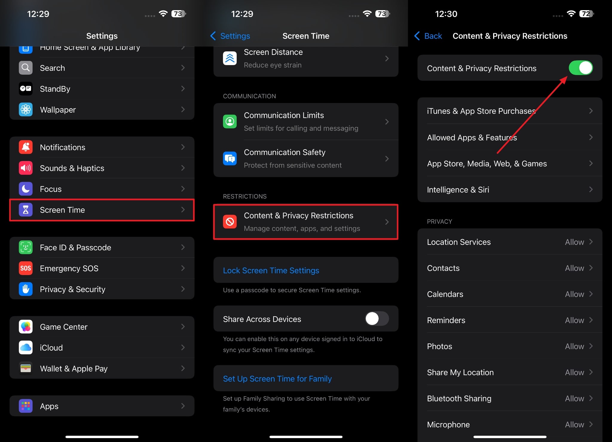 disable content & privacy restrictions