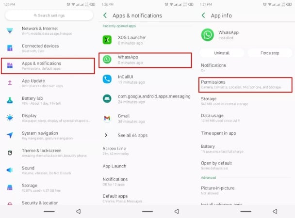 locate whatsapp permissions from settings