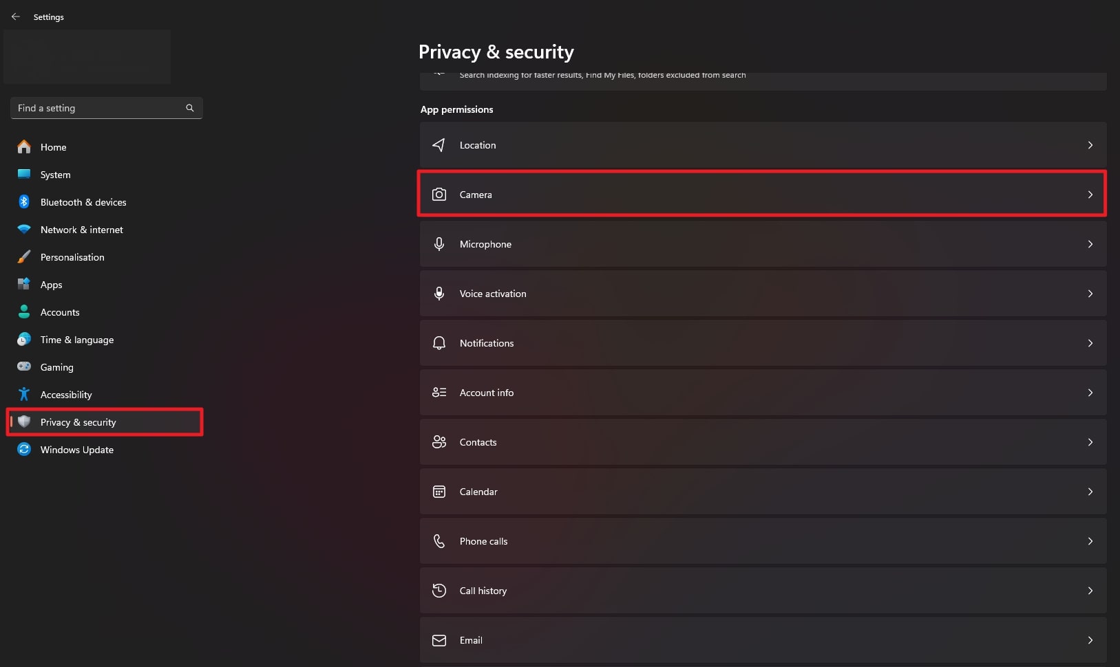 click camera from privacy & security