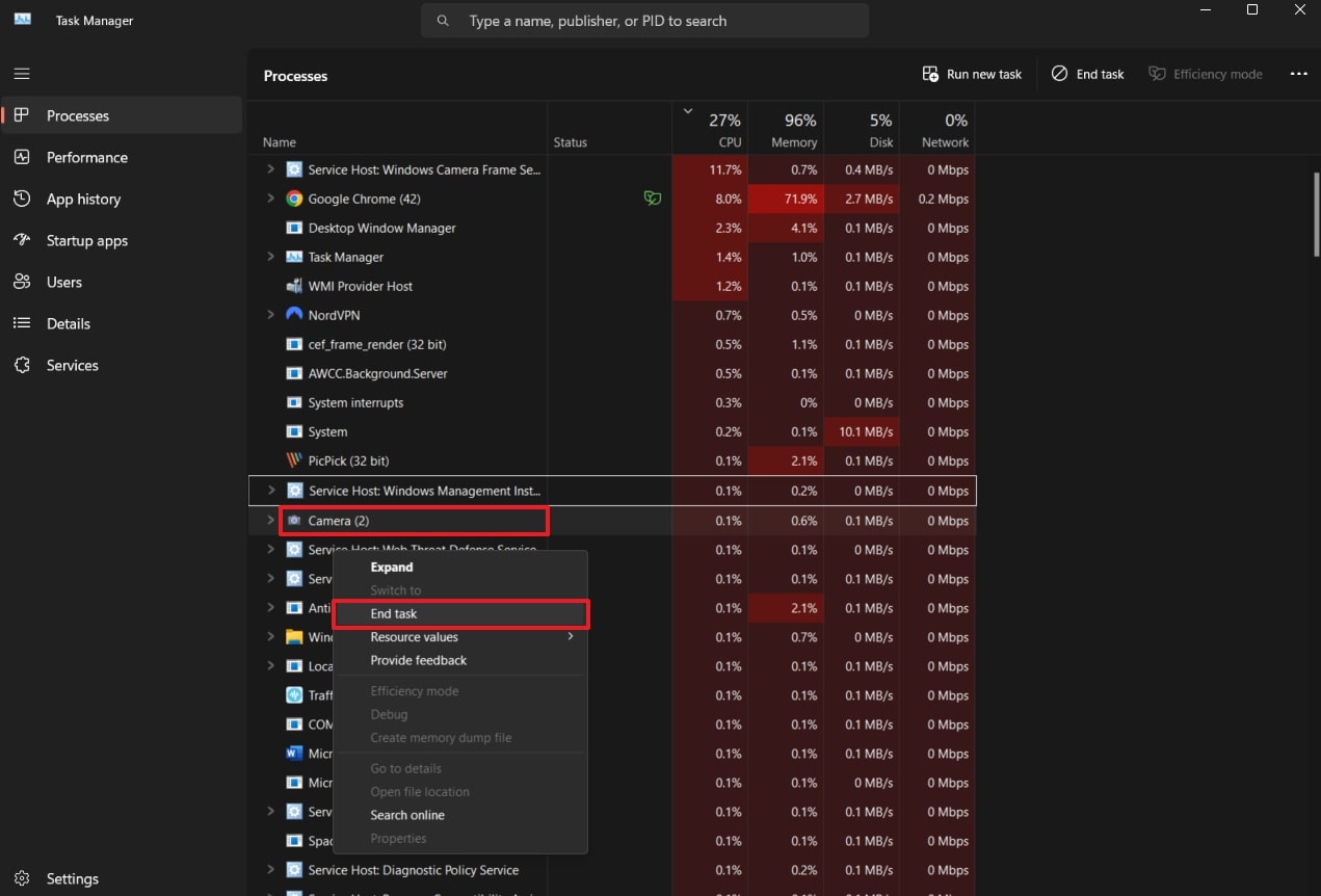 end camera task from task manager