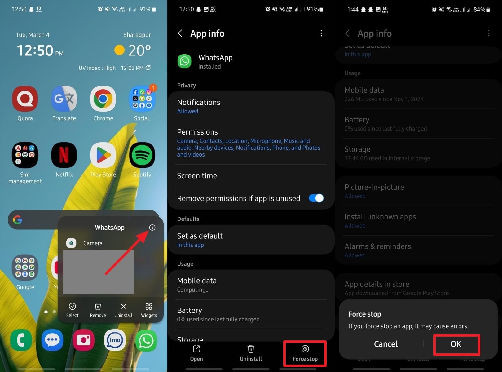 force stop whatsapp on android