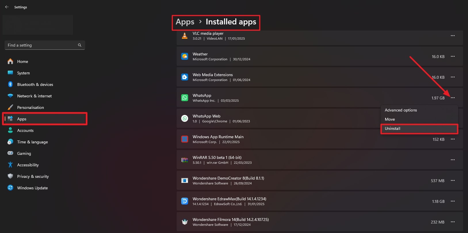 uninstall whatsapp app from pc
