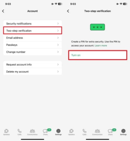 turn on two step verification code 