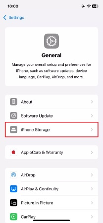 access iphone storage from general settings
