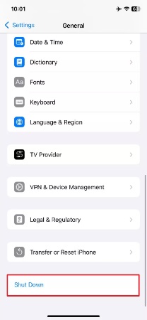 locate shut down from settings