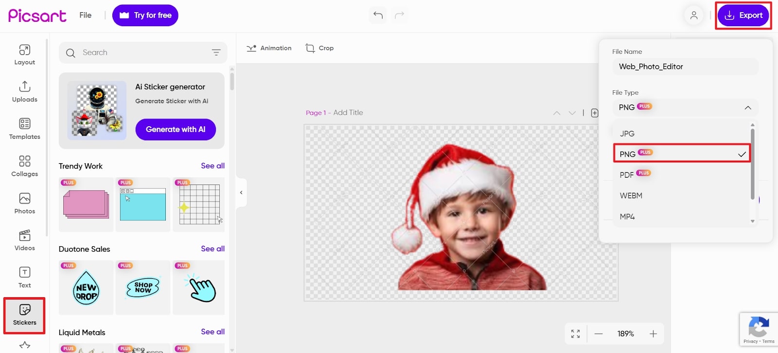 export stickers in png from picsart