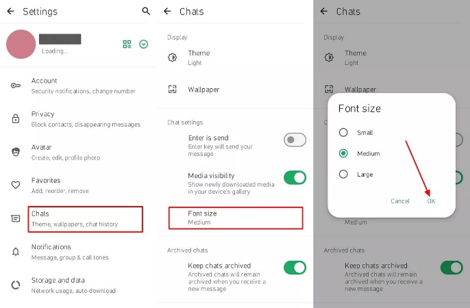 access font size adjustment settings whatsapp
