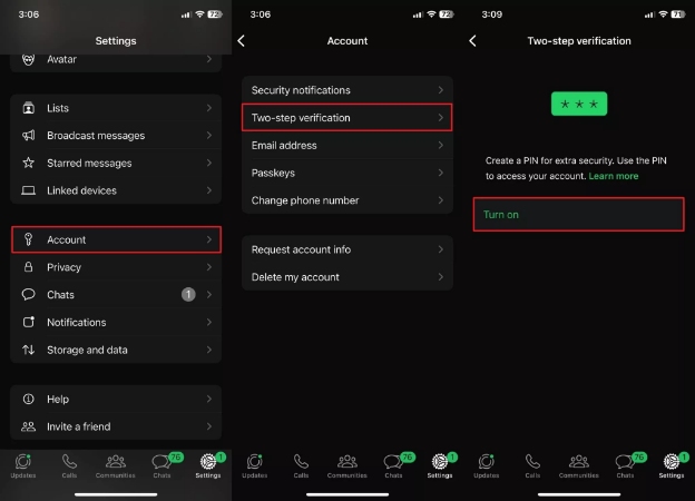 tap turn on two step verification