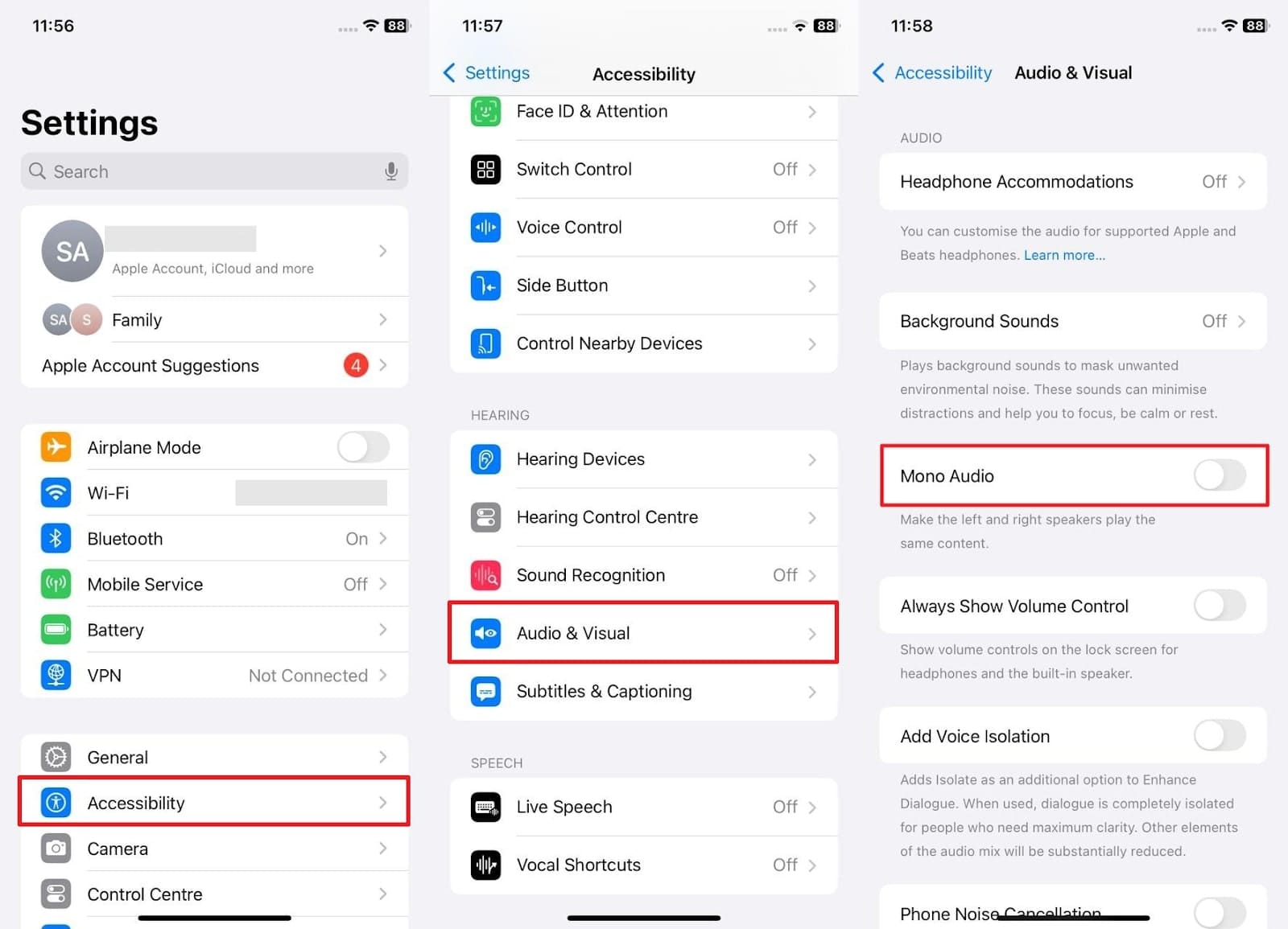 choose accessibility to toggle mono audio