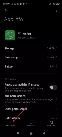 press force stop from app info