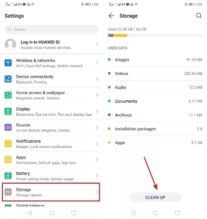 select clean up button from storage