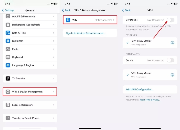disable vpn status from iphone