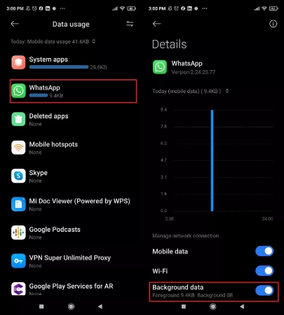 tap whatsapp from background data