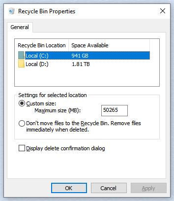 Windows Recycle Bin Settings